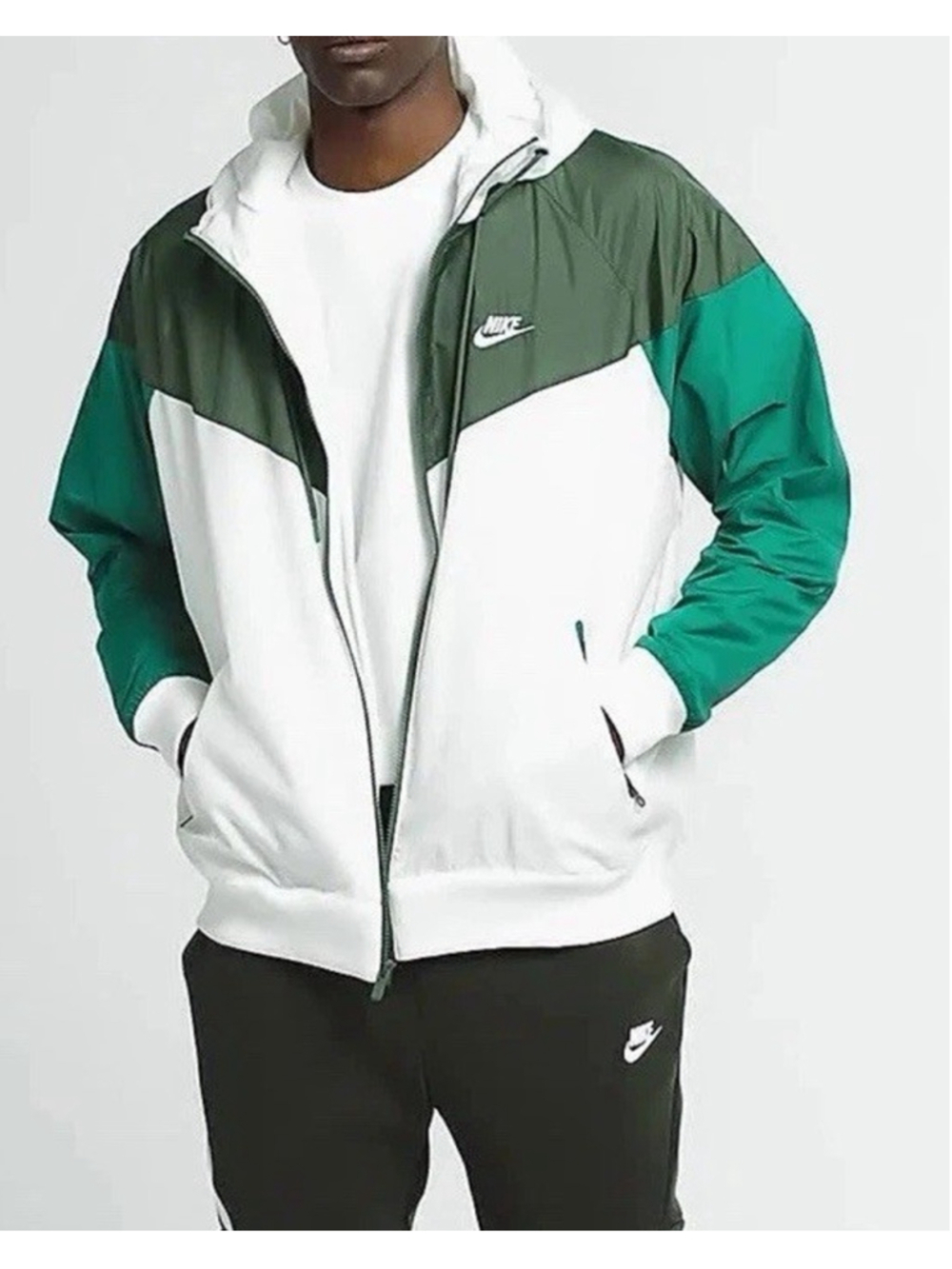 Nike Sportswear Mens L Windrunner Full Zip Windbreaker Jacket Green White Hooded